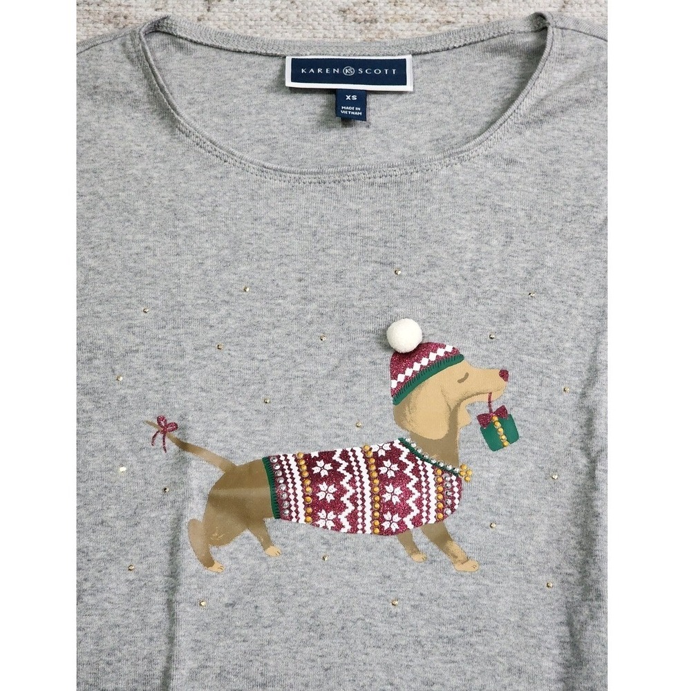 Karen Scott Heather Gray Cotton Tee Christmas‎ Holiday Dog Glitter Whimsical XS